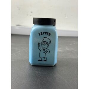 Vintage Tappan Blue Milk Glass Pepper Shaker Mid Century Chef Graphic Art Deco